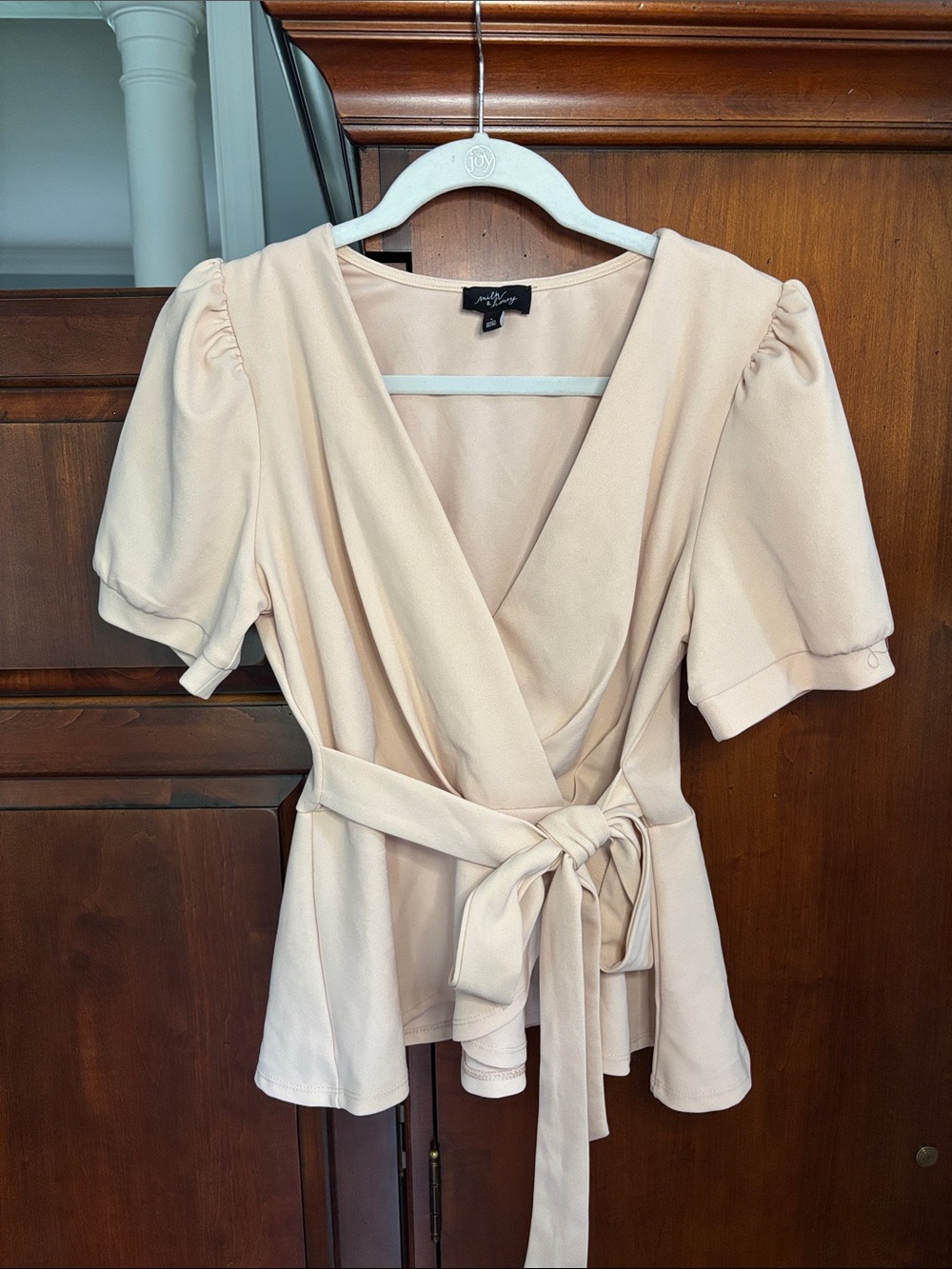 Milk & Honey Belted Peplum Puff Sleeve Blouse, Blush/Light Tan